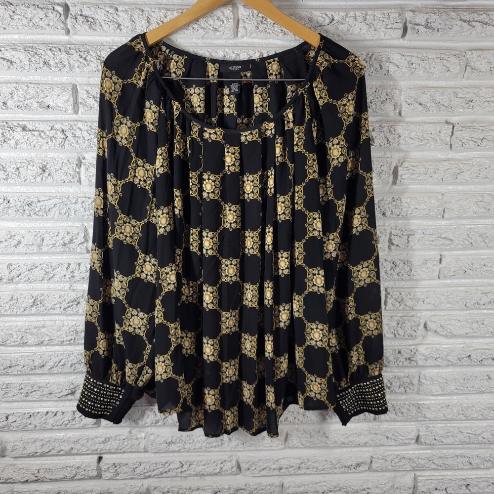 Alfani Womens 22W Black Gold Geometric Studded Rhinestone Long Sleeve Blouse Top